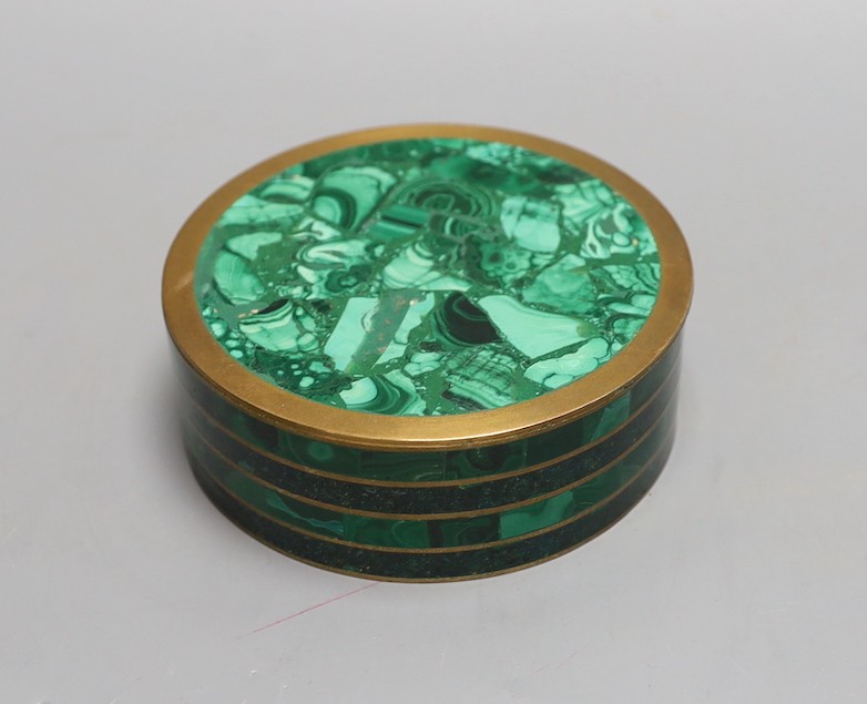 A circular malachite mounted box and cover 12.5cm